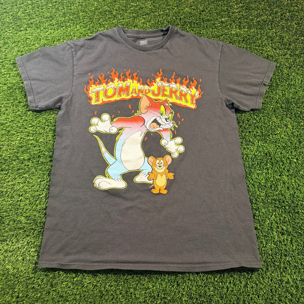 Tom and Jerry Flaming Logo Graphic T-Shirt Gray Mens Medium Cotton Tee